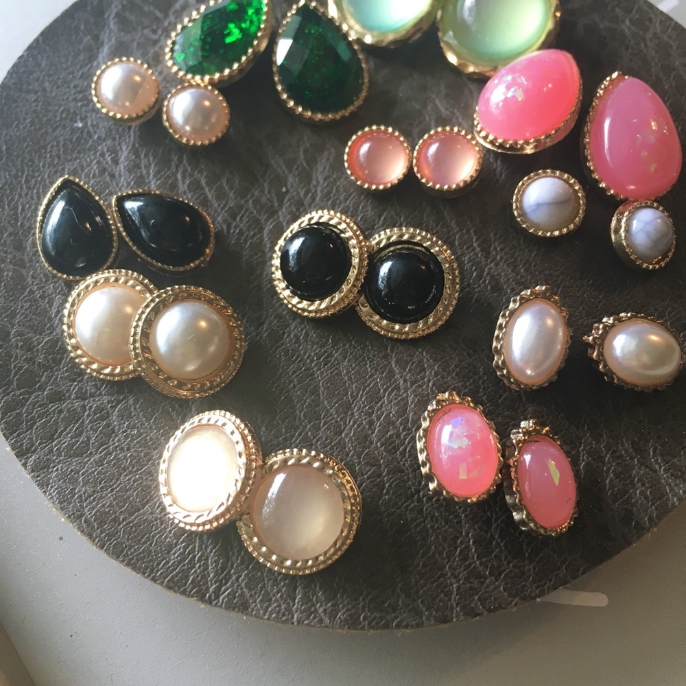 12 Pairs Retro Opal Enamel Stud Gold Earrings Set - Picture 9 of 11